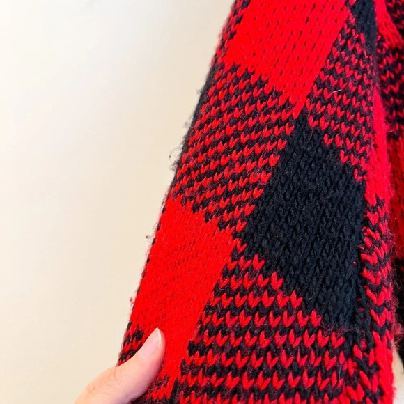 Jen's Pirate Booty Plaid Red Scoop Neck Holiday Balloon Sleeve Bohemian Sweater - Picture 8 of 8